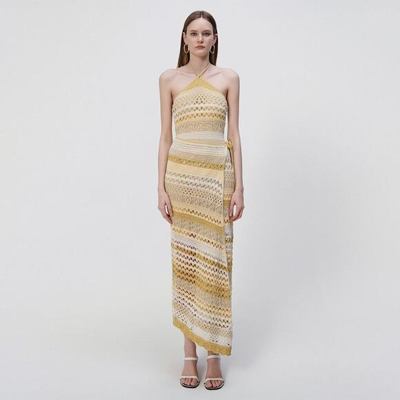 Jonathan Simkhai Midi Dress Halter Neck Marigold Strip Multi Size XS NWT - Picture 3 of 11